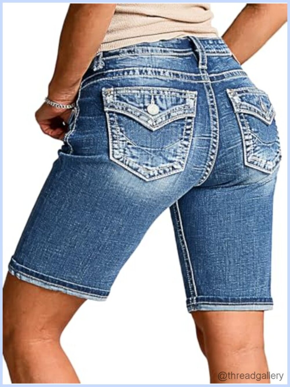 Mid Waist Bermuda Shorts for Women Knee Length Stretchy Casual Denim